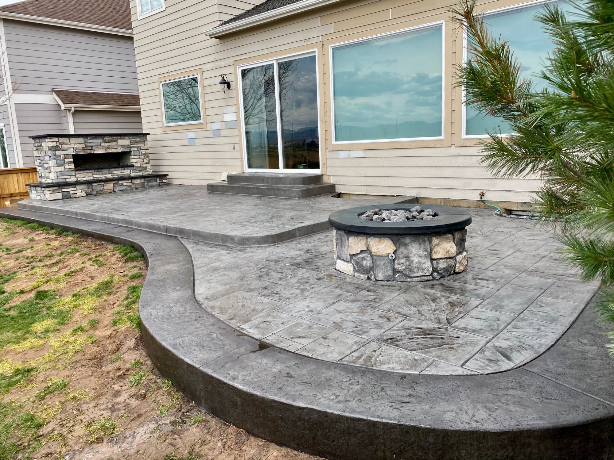 Highlands ranch stamped patio and firepit firepit, fireplace, stamped concrete, highlands ranch
