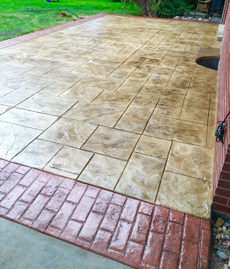 stamped concrete patio with brick border Stamped Patio with Brick Border